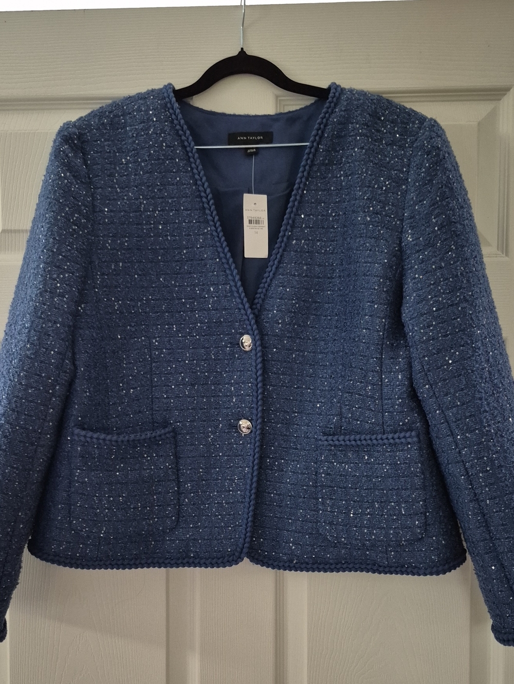 Ann Taylor Blue Tweed Braided-Trim Blazer